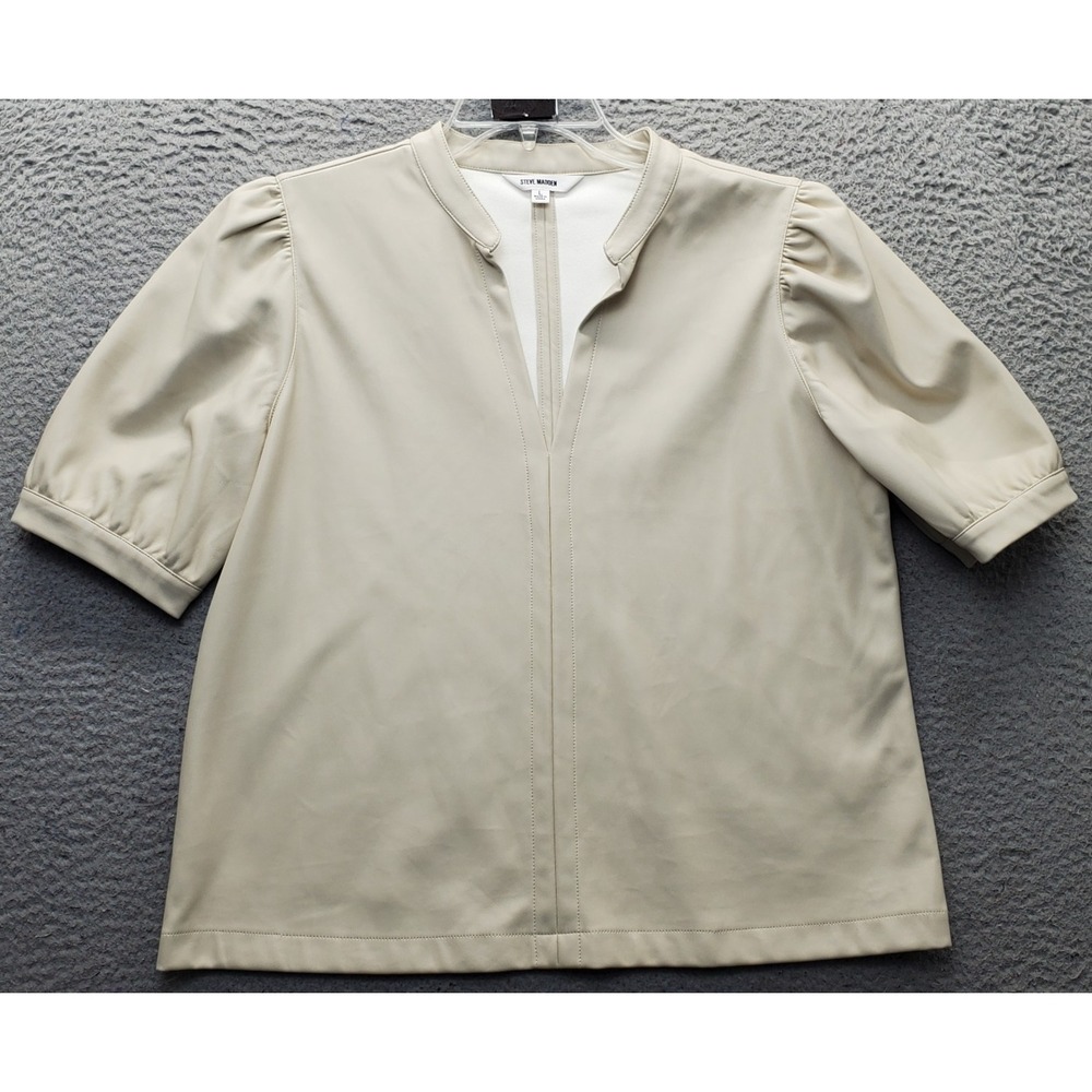 Steve Madden Roxanne Faux Leather Top Womens Large Tan Short Puff Sleeve V-Neck